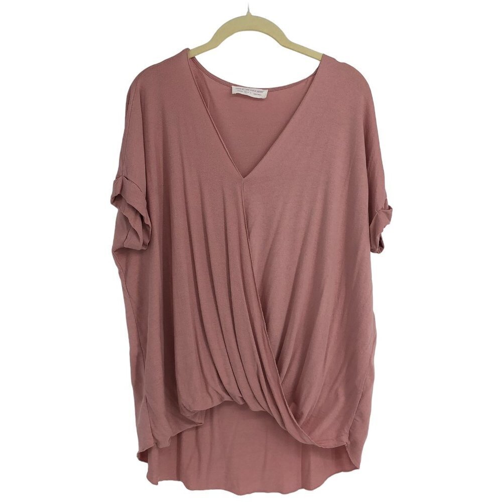 Excuse Me I Have To Go Be Awesome pink flowy short sleeve surplice  wrap top S - Picture 2 of 13